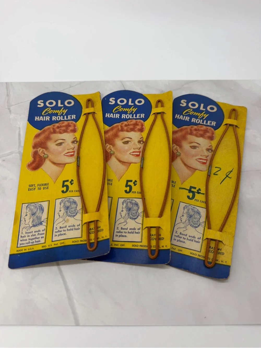 3 Vintage 1940s SOLO Comfy Hair Rollers NOS 5¢ Cards Victory Rolls USA